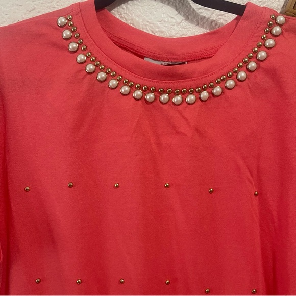 Vintage Coral gold studded/beaded short sleeve t-shirt with pearl neckline - Picture 4 of 5